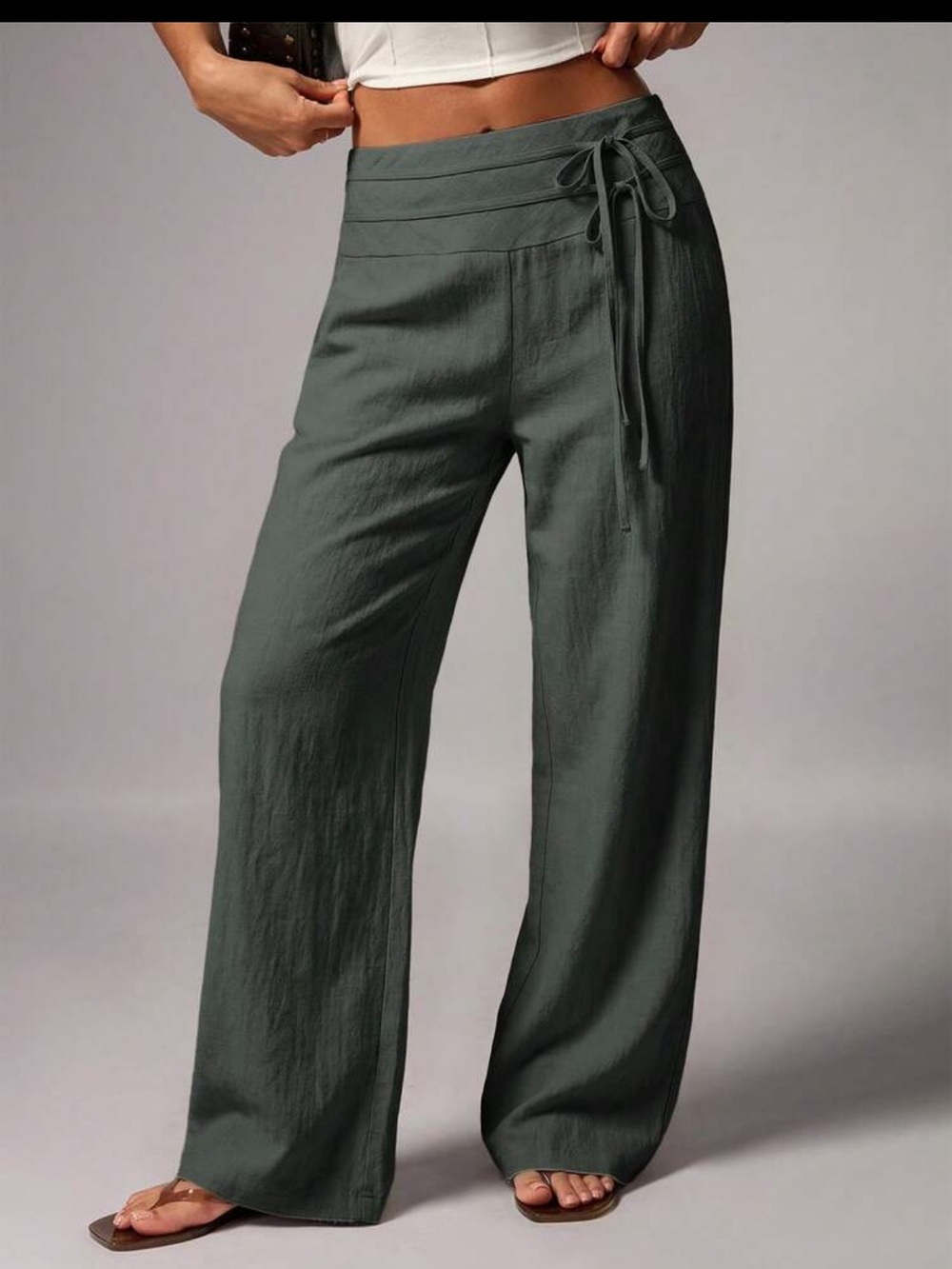 Women's Wide-Leg Tie-Waist Pants - Dark Green